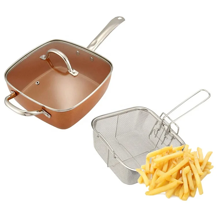 4 In 1 Non-Stick Copper Pro Square Fry Pan Induction & Lids Cookware Set Wire basket,Steamed slices Glass lid