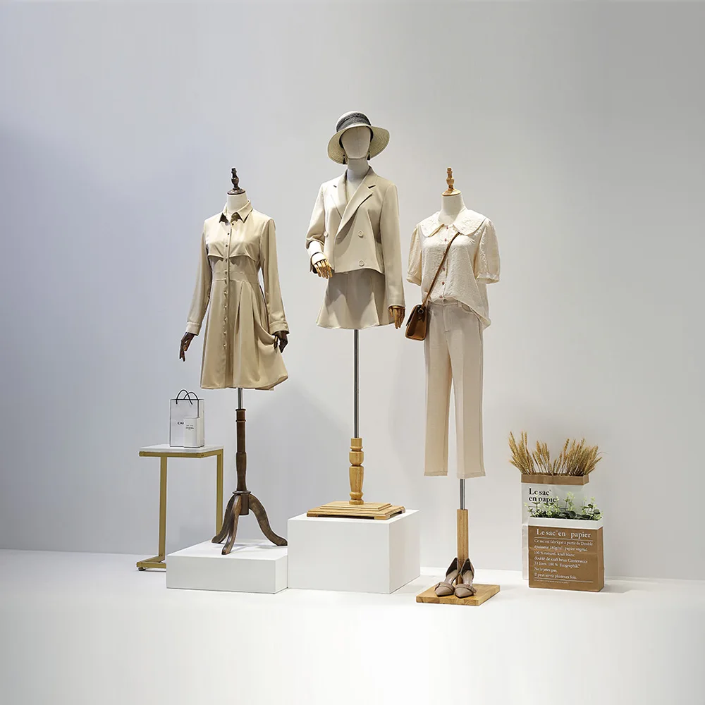 Clothing Store Display Clothing Linen Fabric Covered Mannequin Upper-Body Wooden Arm Half Body Mannequin Female with Wooden Base