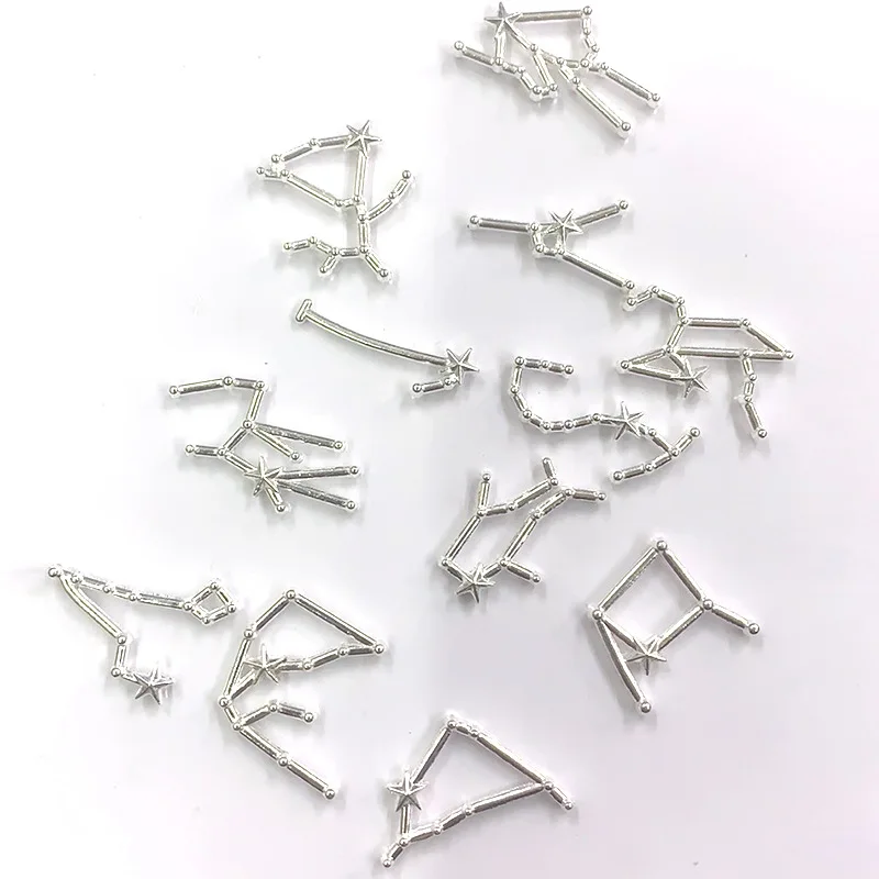 High Quality 12pcs/set English Letter Press On Tips Constellation Symbols Gold Silver Metal Charms Kit For Nails horosecopes