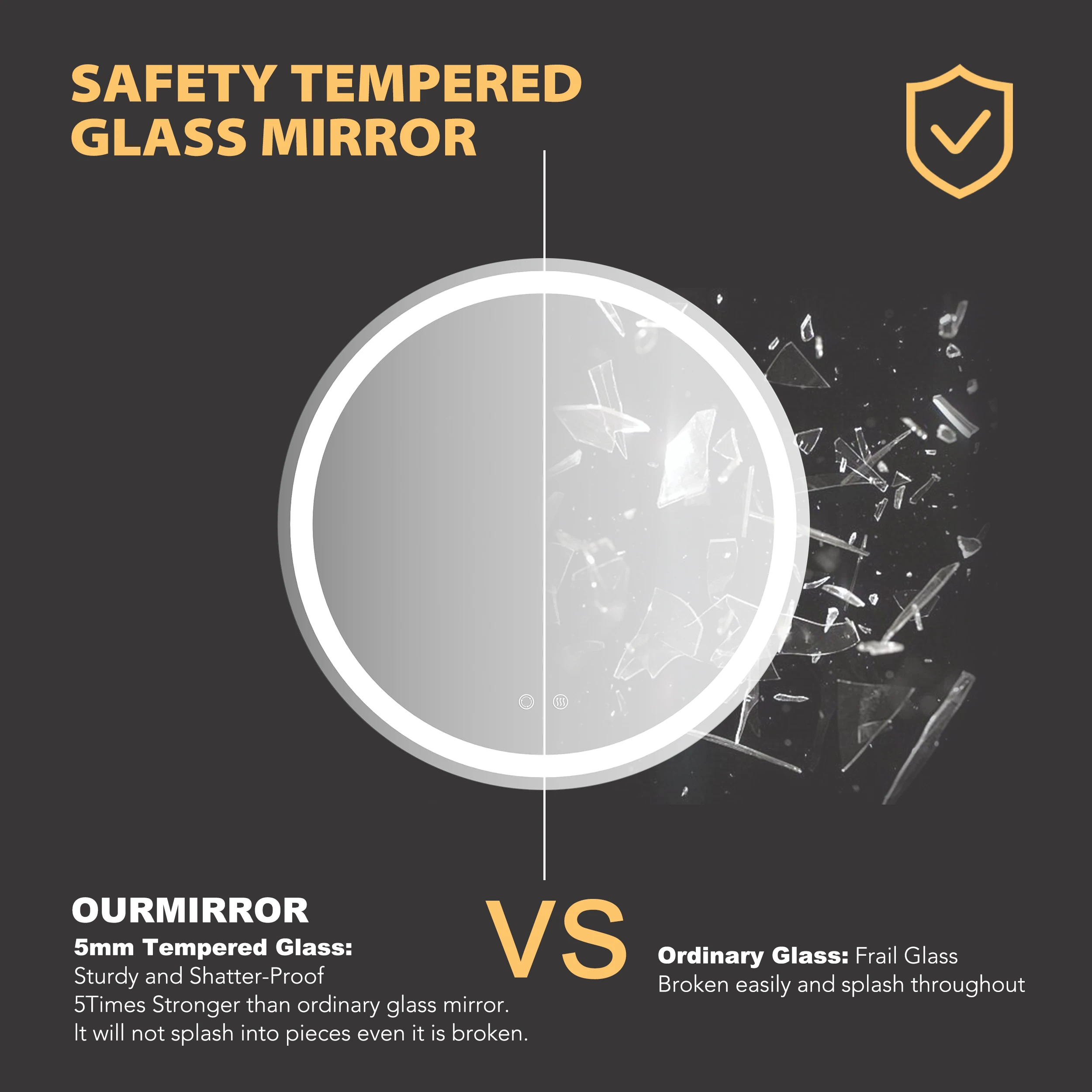 24 Inch Front Backlit Stepless Dimmable Anti-Fog Smart Mirror Touch Screen With Light Round Led Bathroom Mirror