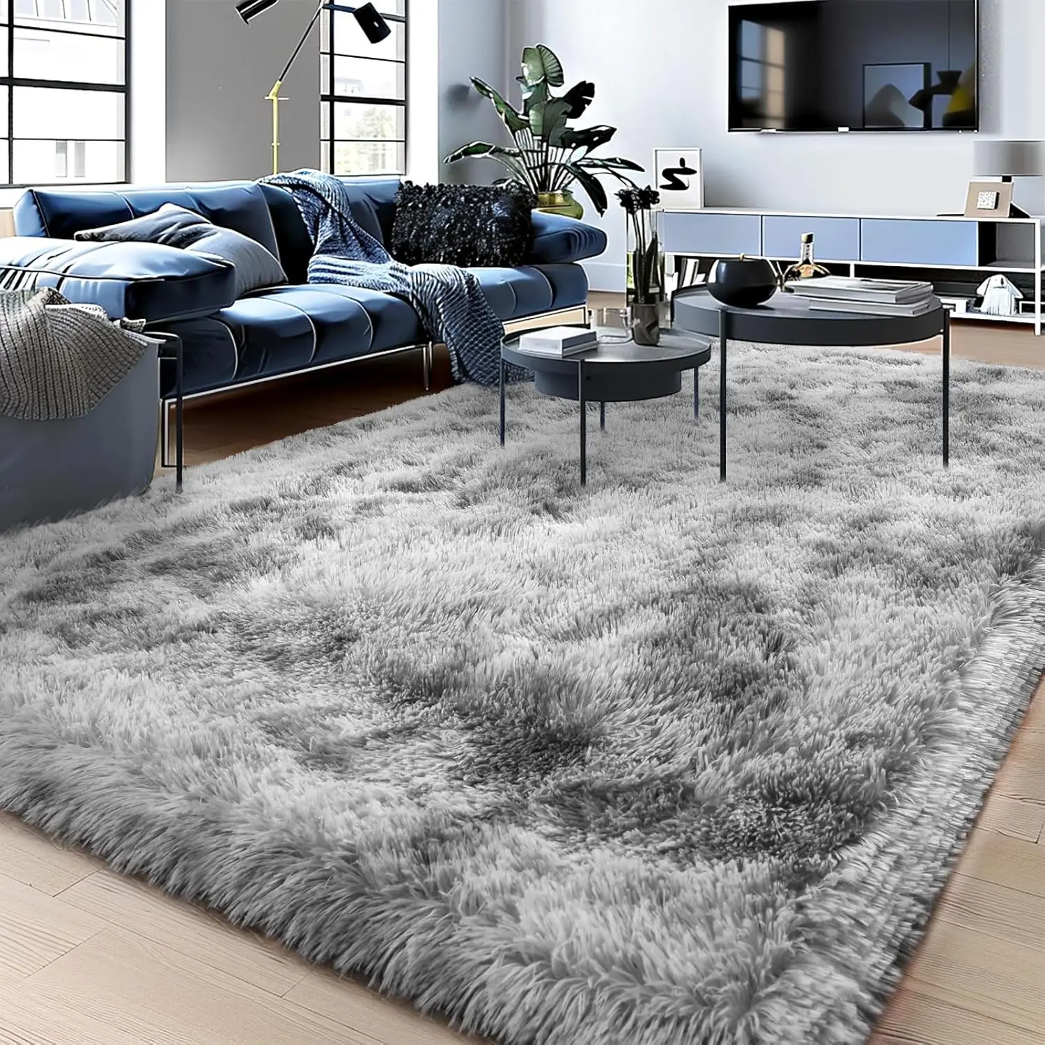 Rectangular Light Grey Fuzzy Rug Tie-Dyed Ultra Soft Fluffy Rugs Anti-Skid Indoor Carpet Nursery Rugs for Kids Room Bedroom