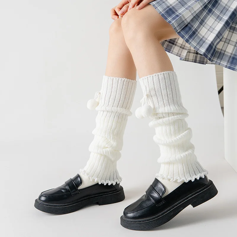 Girls Japanese Style Kawaii Crochet Wool Ball Loose Knitted Leg Warmer for Women Knee High Boot Socks