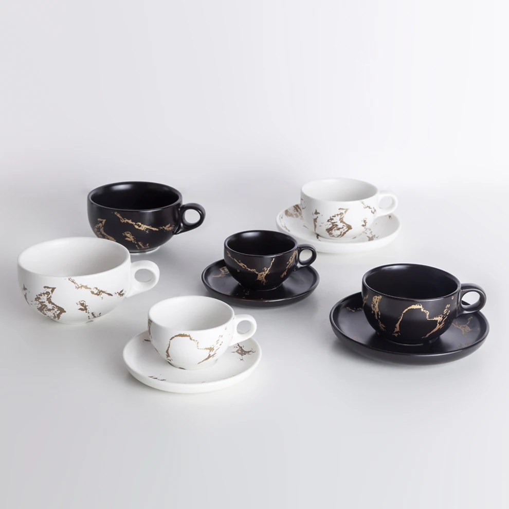 ShengJing Elegant Nordic Gold Marble White Black Ceramic Coffee Cafe Tea Drinkware Cup and Saucer Set