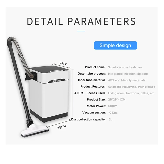 Portable Cordless Smart Vacuum Bin Multifunction Induction Trash Can Plastic for Office Bedroom Kitchen in Black & White 600W 6L