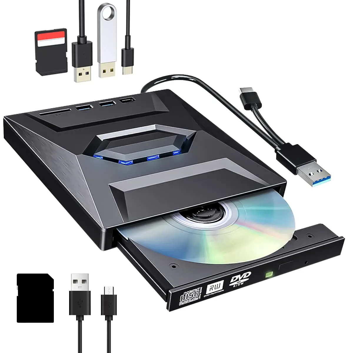 4 in 1 External DVD Drive for Laptop USB 3.0 Type-C Portable CD/DVD Optical Drive Player Writer CD Burner