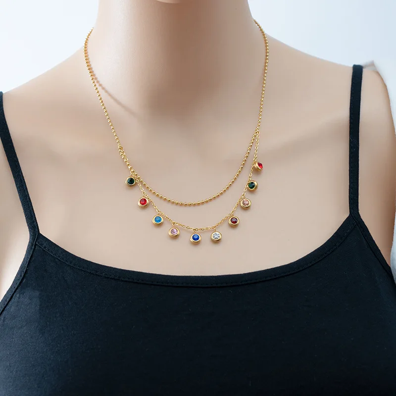 2021 of Shining Zircon Stone Pendant 18k Gold Plating Double Strand With Stainless Steel CZ Necklace