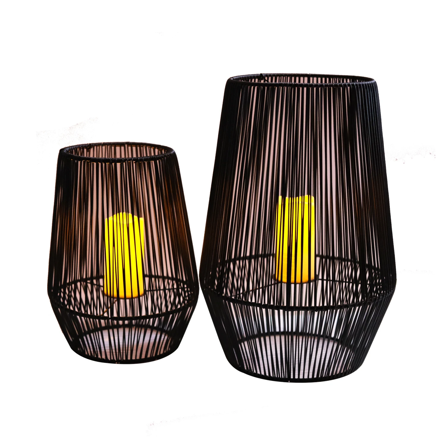 Large LED Solar Powered Garden Rattan Lantern Home Decor Natural Durable Flameless Black Outdoor Use Storage Style Plastic Metal