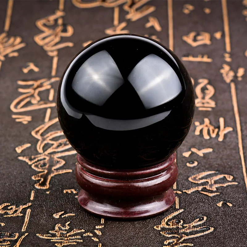 50mm Asian Natural Crystal Healing Ball Black Obsidian Sphere Glass Stone With Stand