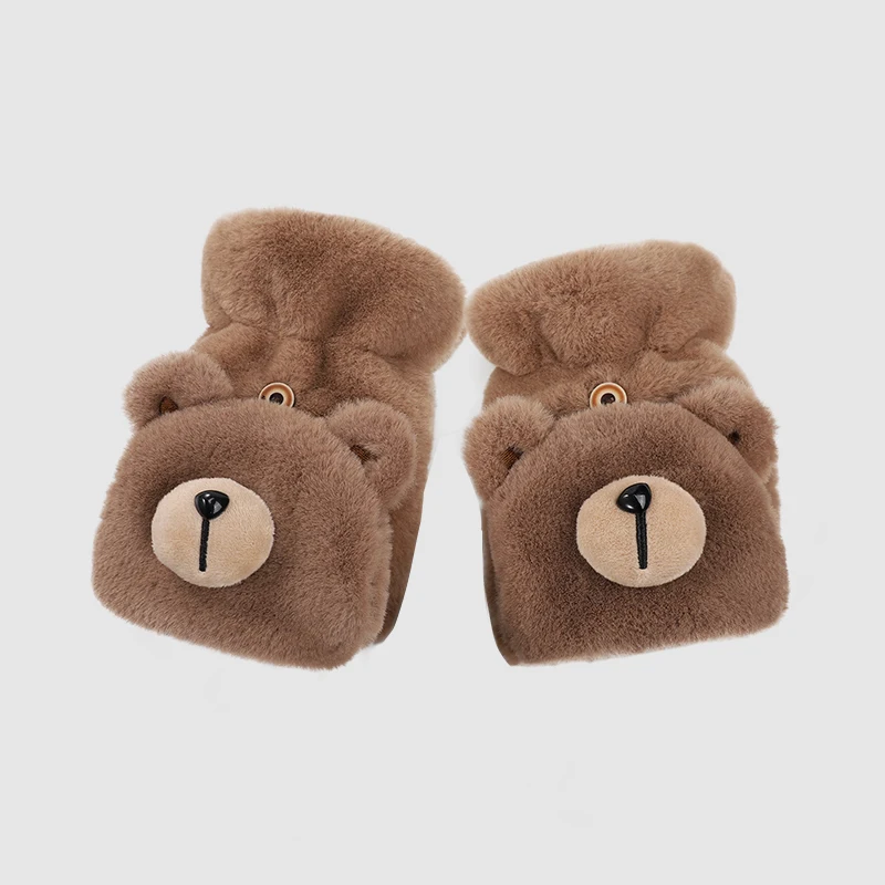 Cute girls polar fleece fingerless thermal fluffy fur animal women gloves in winter