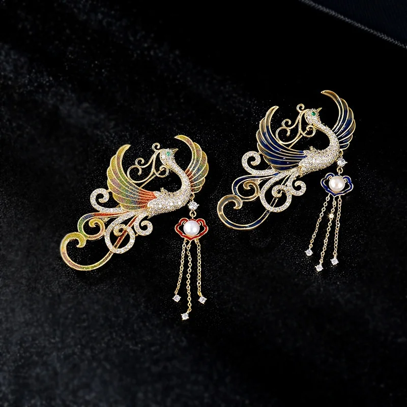 XILIANGFEIZI Chinese Style Peacock Pin Copper Zircon Enamel Freshwater Pearl Phoenix Brooch For Women