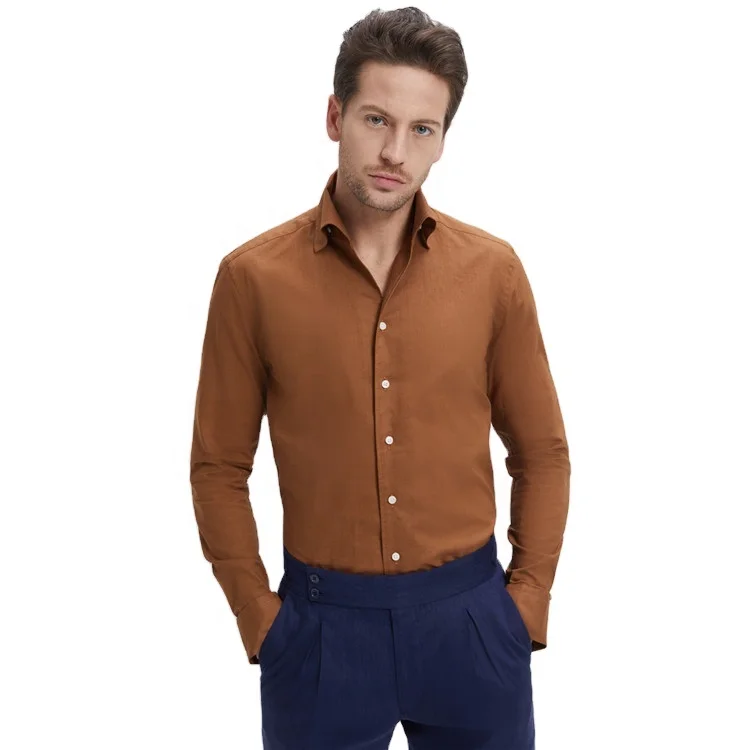 Custom made Bespoke MTM Factory Price High Quality Casual Vintage Retro Style Cotton Linen Brown Slim Men Shirts
