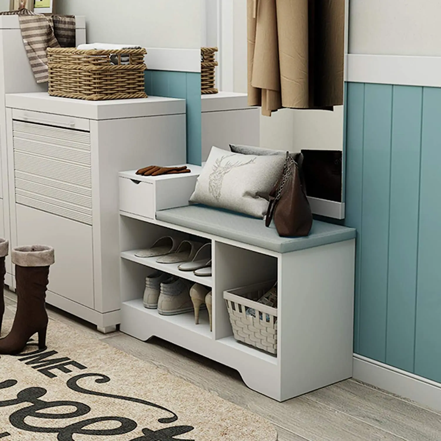  Shoe Storage Benches with Cushion Seating White Rack Bench Entryway Organizer Bedroom Dining Room