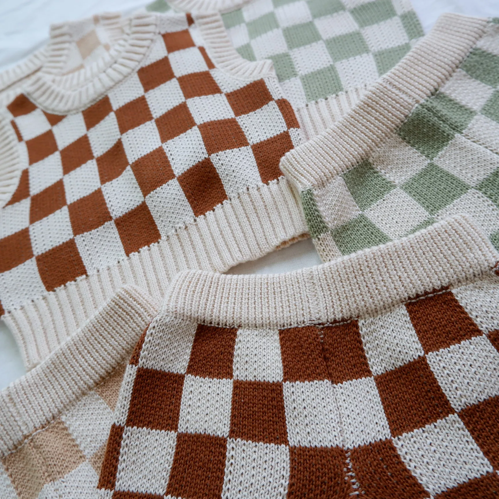 Custom Toddler Baby Knitwears Summer Checkers Knitted Tank Tops Shorts Set