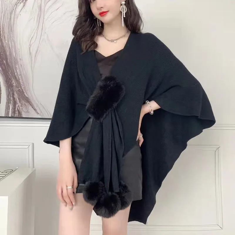 ZDFURS*New Women irregular Knitted Sweater Shawl With Faux Fur Pom pom Cashmere Sweater Cape Female Winter Pashmina Wraps