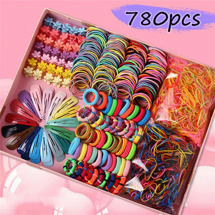 Low MOQ 780 Piece Set Multicolor Little Girl Elastic Hair Band Hair Claws And Clips Girls Accessories
