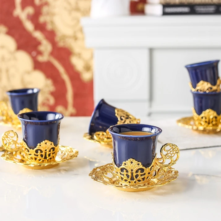 Ethiopian Coffee Cup Set Espresso Cups Mug with Gold Handgrip Handmade Saucers Turkish Ceramic Coffee Cups Teaware