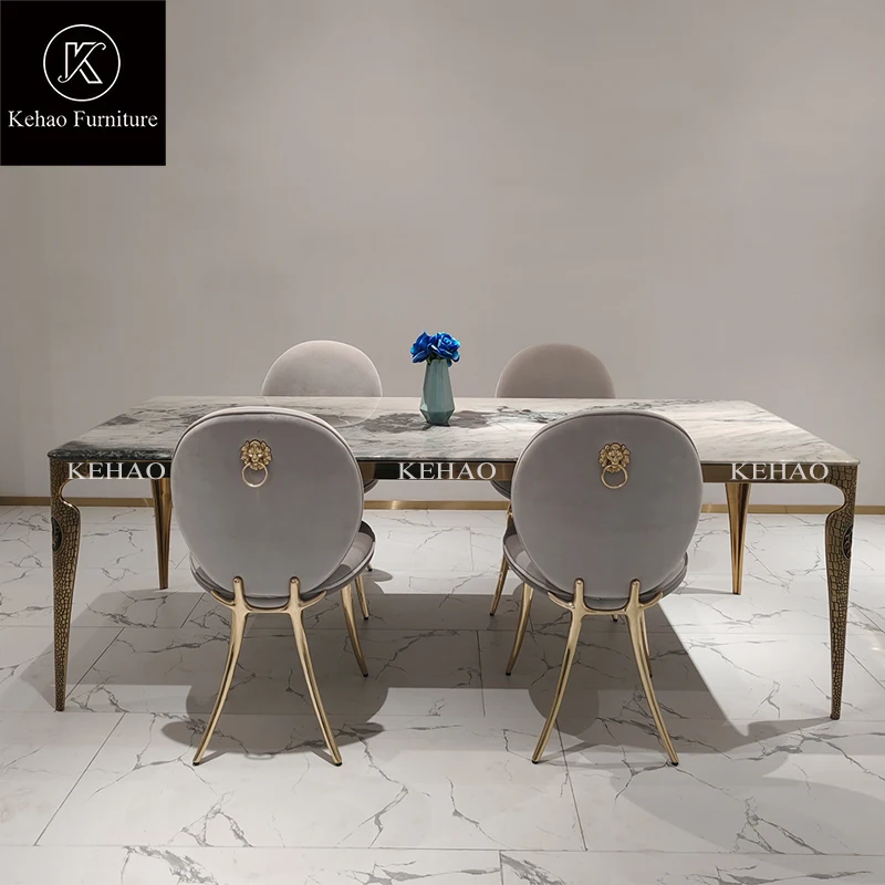 Luxury Unique Design Stainless Steel Dining Tables And Chairs Marble Rectangular Modern Dining Table Set