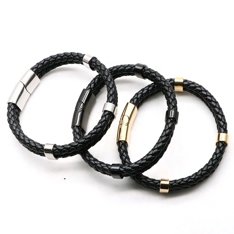 Wholesale cowhide Leather  Bracelet Stainless Steel Magnetic Clasps Silver Bracelets For Men