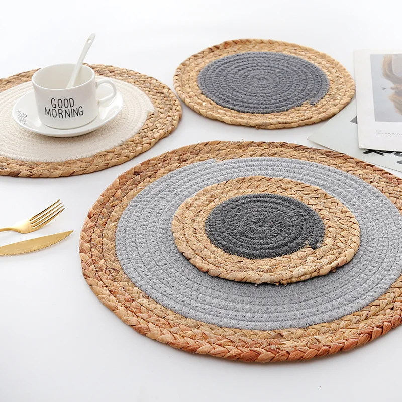 Straw round placemats Nordic minimalist style Handmade woven cotton woven mat water hyacinth cotton placemats