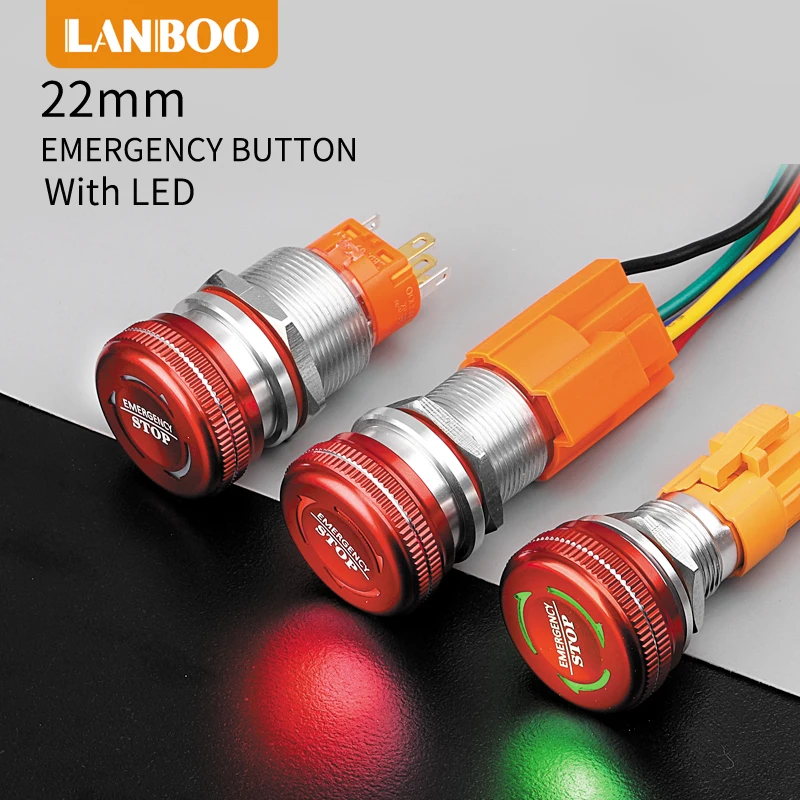 Китайский бренд LANBOO, 19 мм, 22 мм, водонепроницаемый IP67 кнопочный переключатель аварийного остановки грибов со светодиодом, 1NO1NC, 2NO2NC, фиксирующий переключатель