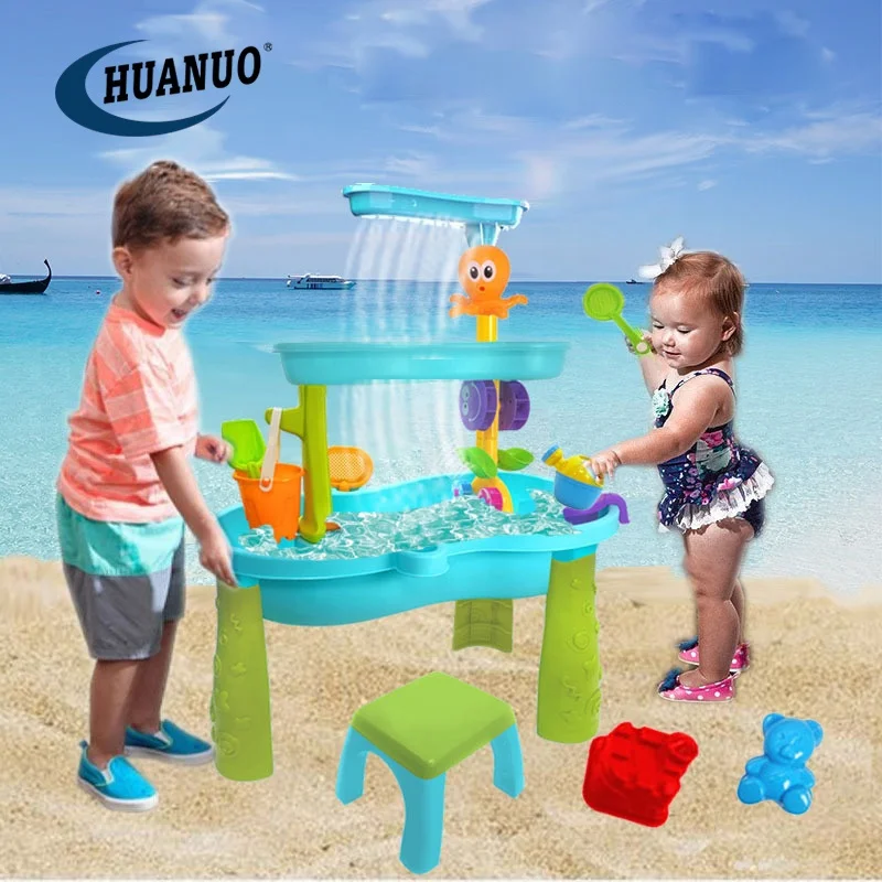 Kids Summer Outdoor Beach Table Play Plastic Toddler Sand and Water Table with Beach Umbrella For kids