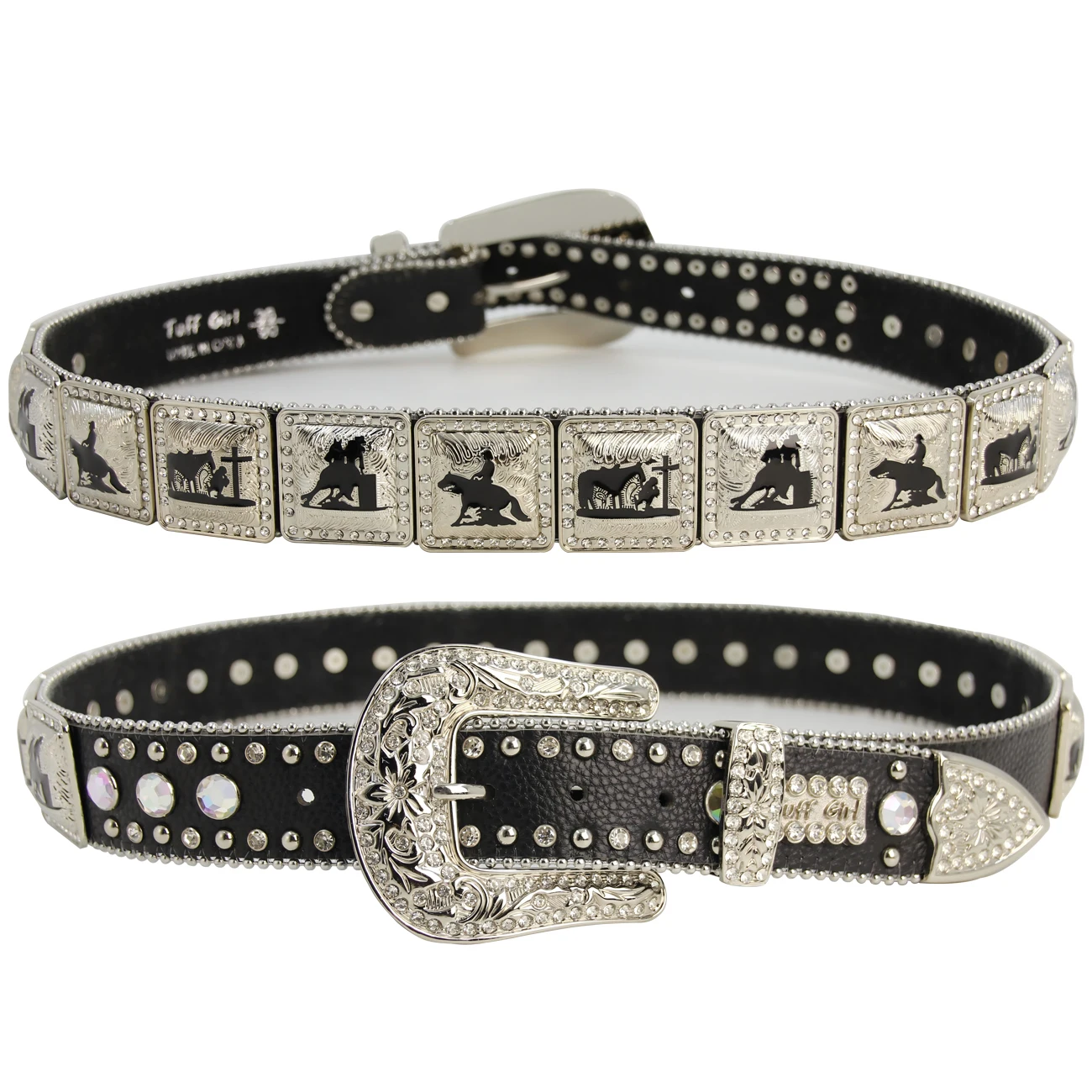 Custom Logo Design Leather Western Redeo Cross  Cowgirl Rhinestone Belts Gemstone Concho Belt Removable Buckle For Women