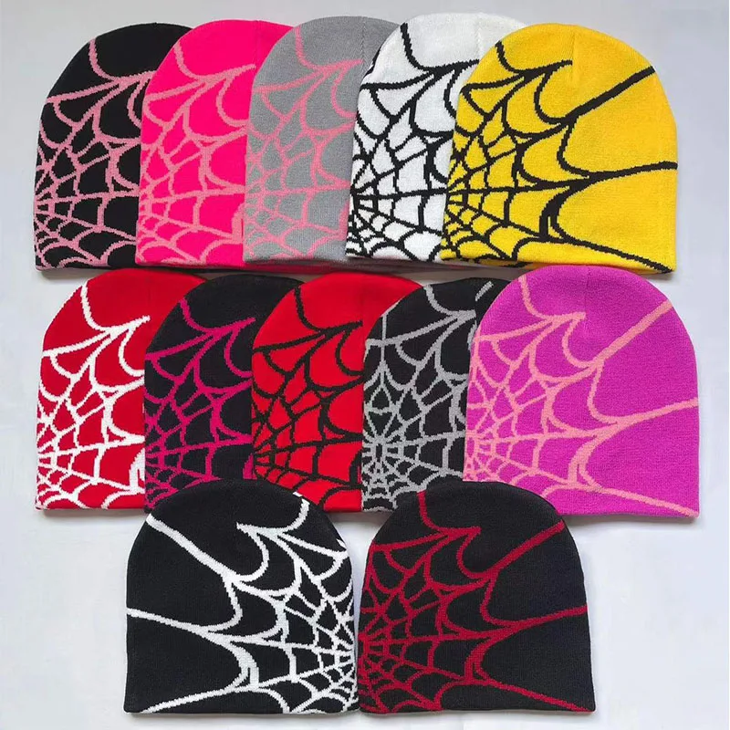 Low MOQ Custom Beanie Manufacturers All Over Print Jacquard Y2K Gothic No Cuff Fold Cuffless Winter Skull Cap Knit Hat With Logo