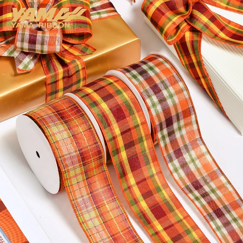 Yama Ribbon Stock Low MOQ 2.5Inch 63MM 10Yards Fall Style Linen Plaid Wire Edge Ribbon Roll