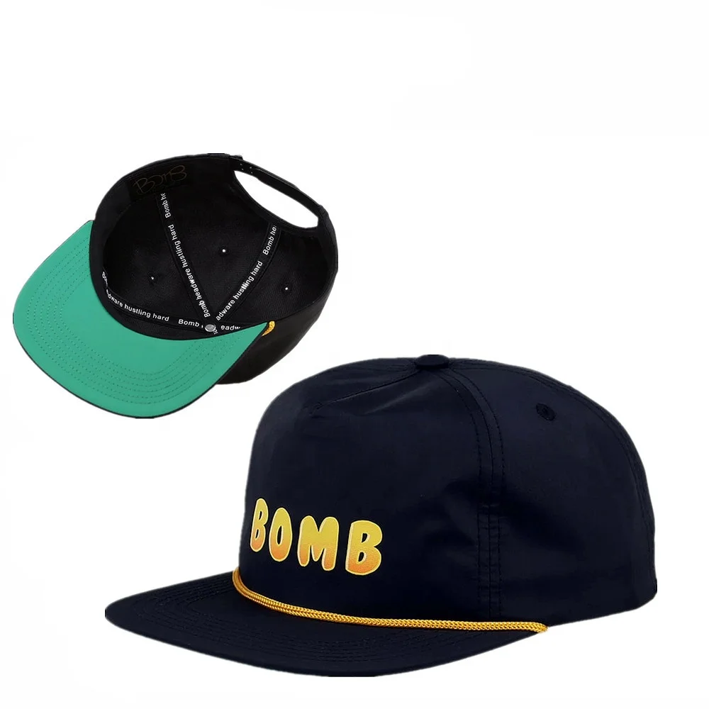 High quality Custom nylon unstructured flat brim snapback hat with rope