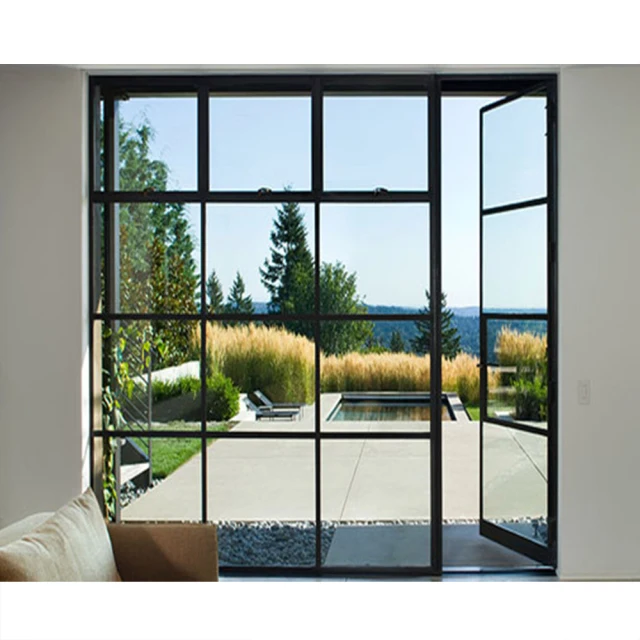 Hotian Steel Double Glazing Glass Panels Low E Steel Frame Door Grill Design For Balcony
