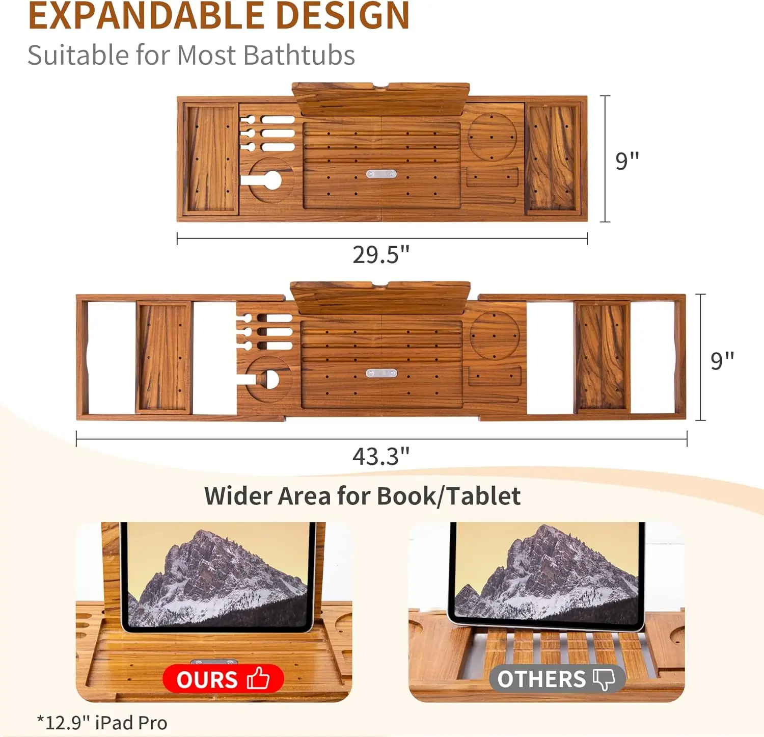 Teak Bathtub Tray Bathtub Caddy for Luxury Bath Foldable Bath Tray Bath Tub Accessories with Extendable Handles Wine Glass