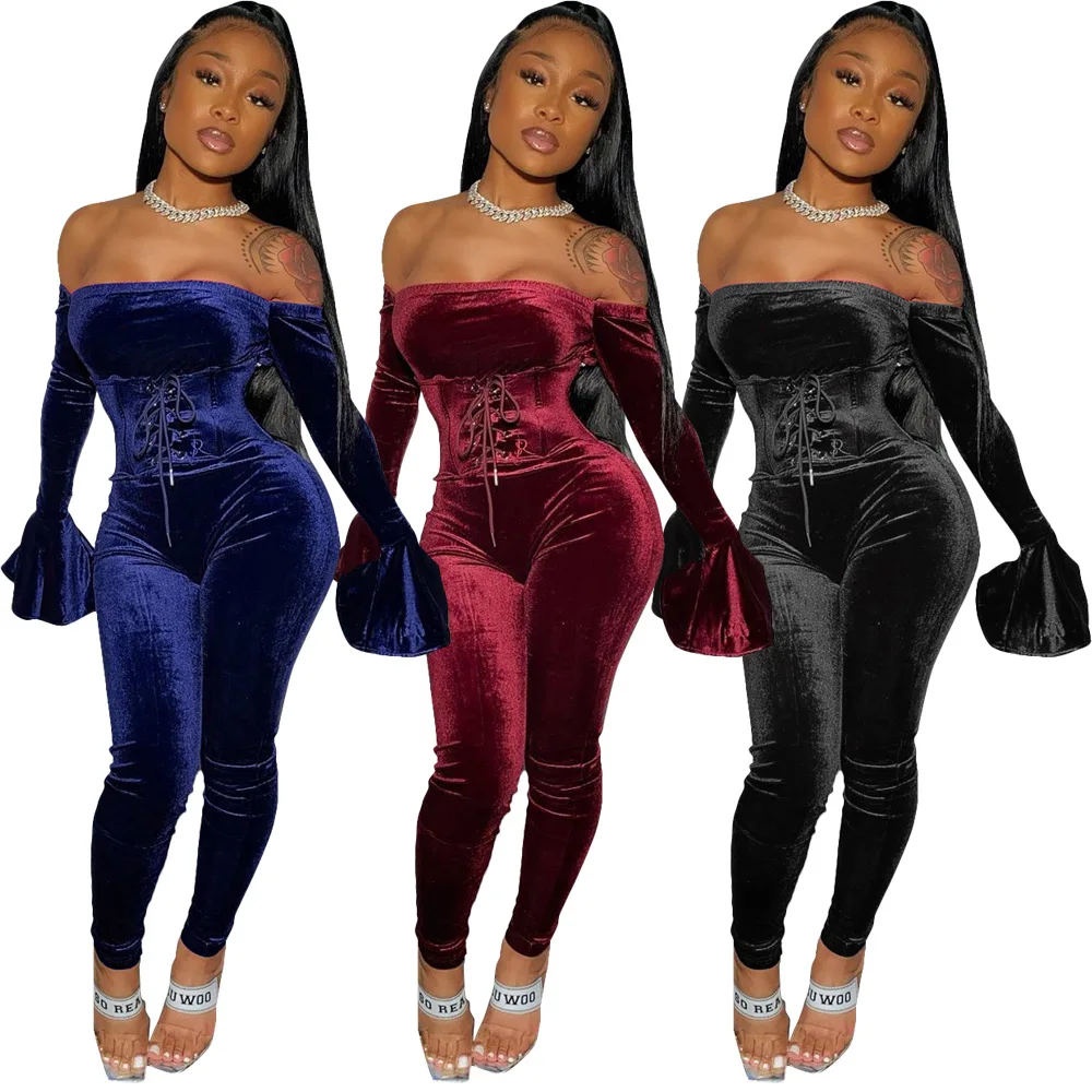 
Sexy Two Piece Sets Women Club Wear Jumpsuit Off Shoulder Womens 2 Piece Outfit Bell Sleeve Velvet 2021 Women Two Piece Set 