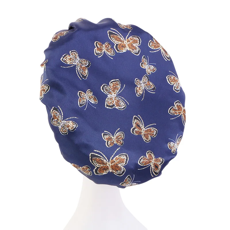 Fashion Butterfly Pattern Hats With Wide Band Custom Logo Beauty Woman Sleep Caps Satin Hair Bonnets