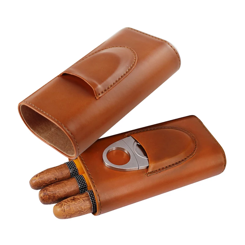 Portable Travel Leather 3 Finger Brown Cigar Case Humidor With Sharp Cutter