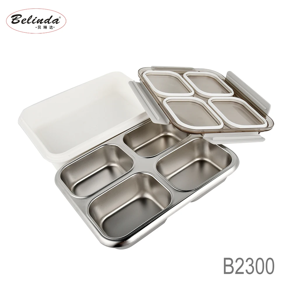 4 Compartments Plastic Bento Box with Stainless Steel Container Air-tight Heated Insulated Lunch Box Kids School
