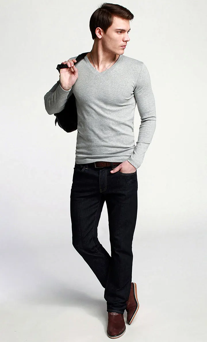 V-Neck Long Sleeve Men T Shirt Cotton T-Shirts Man Clothing TShirt Brand Tees Elastic Mens T-Shirt For Male