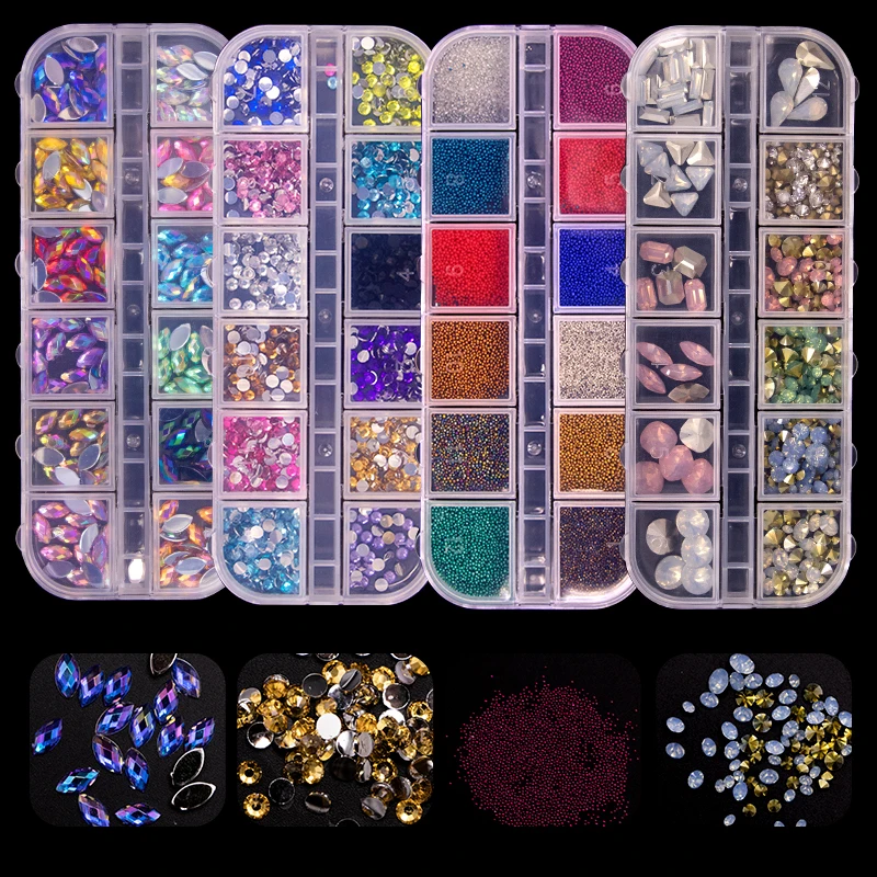 
12 Grid Set Nail Accessories 3D Fancy AB Diamond Mermaid Pearl Caviar Resin Sharp Bottom Rhinestones For Nail Art Decoration 