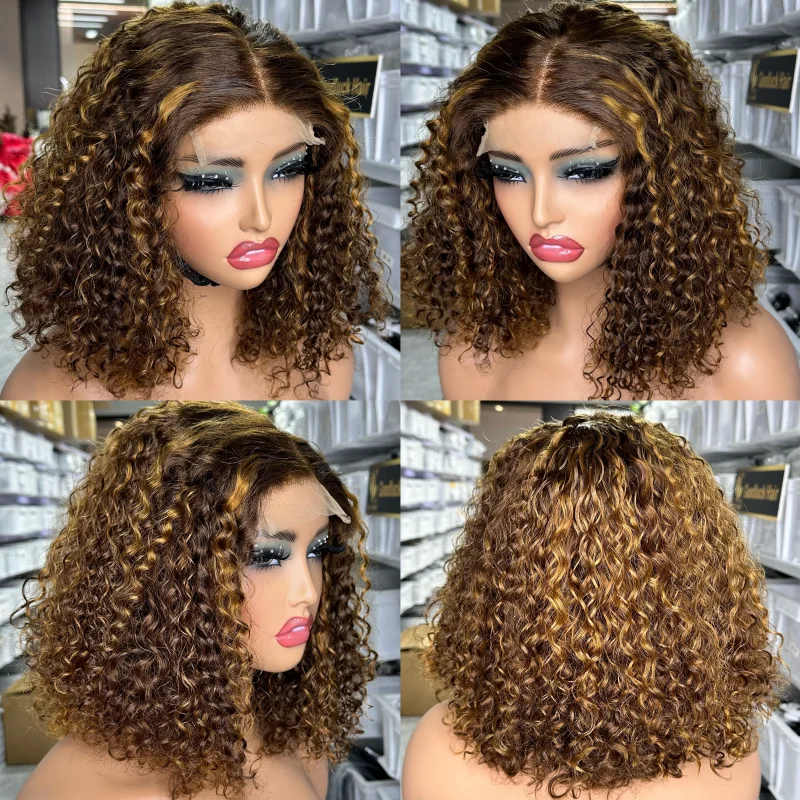 Piano Color 4/27 Curly Wear Go Glueless HD Transparent Lace Frontal Short Long 4X4 Deep Wave Highlight Go Glueless Human Hair