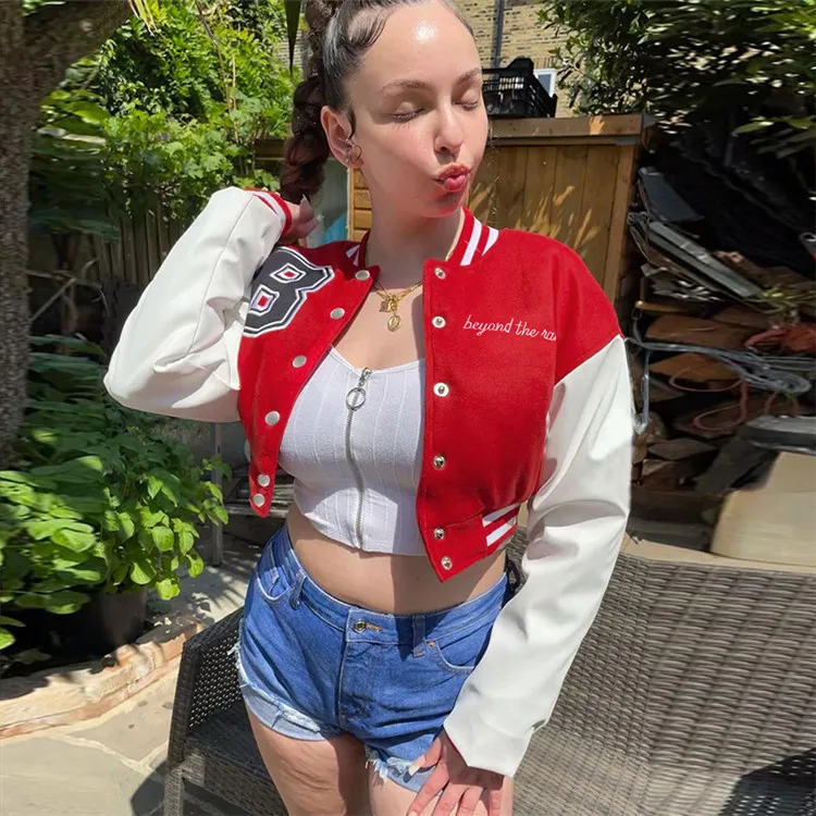 2021 Streetwear Sporty Letter Patchwork Bomber Coats Custom Cropped Baseball Jackets Women