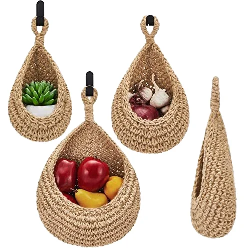 Handwoven Boho Jute Rope Foldable Wall Hanging Basket Eco-Friendly Vegetable Fruit Storage for Pantry Foldable Sundries Basket