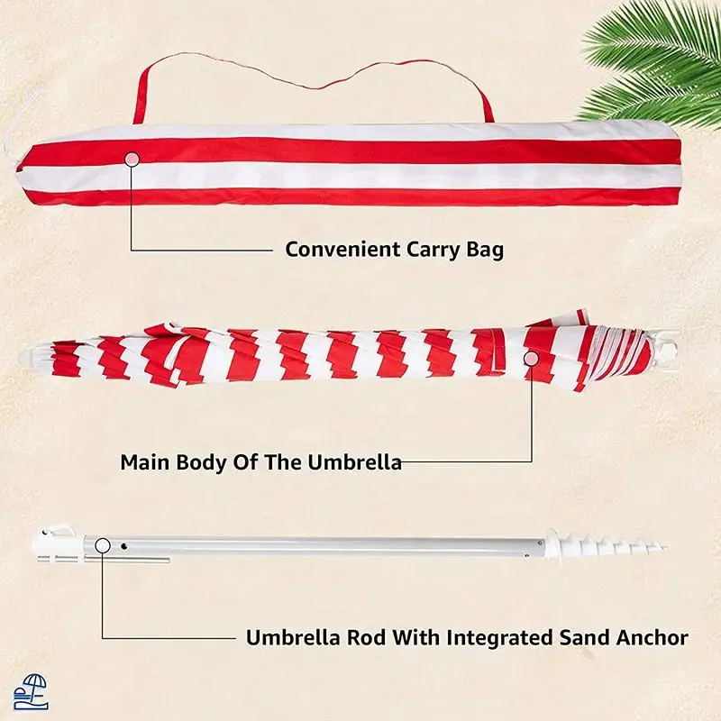 High Quality Customized Resort Beach Parasol 2.4m Red Striped Beach Umbrella