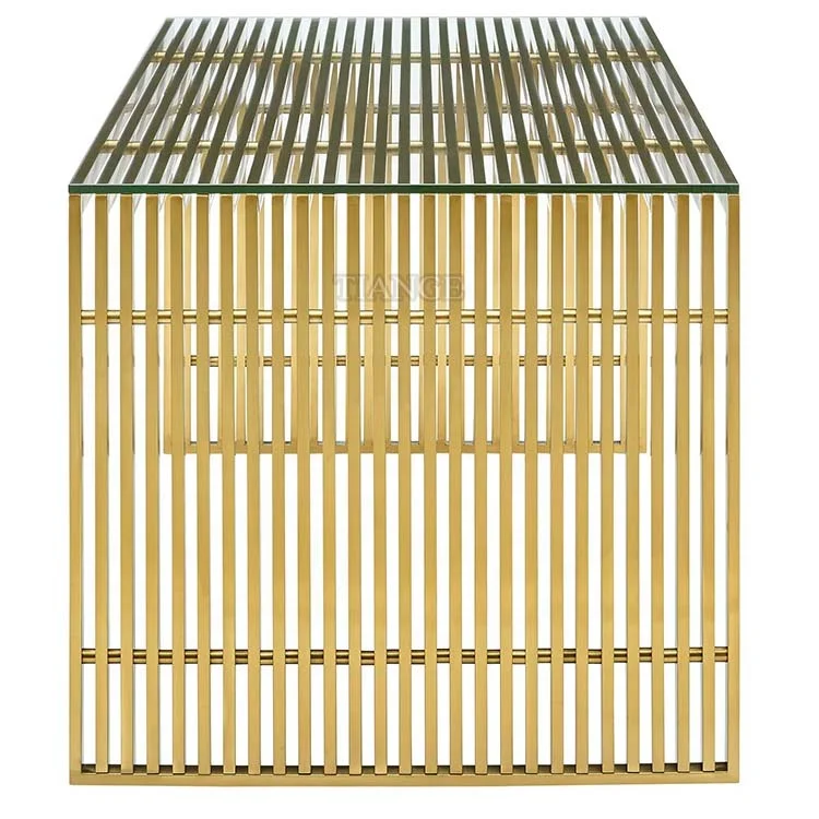 Современный промышленный современный золотистый трубчатый обеденный стол из нержавеющей стали с закаленным стеклом