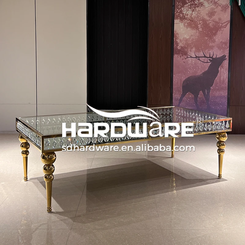 Stainless steel frame crystal decor luxury wedding dining square tables