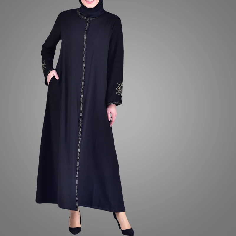 Повседневный кардиган на молнии с индийским дизайном, черная вышивка, макси-кафтан, мусульманское платье, открытая абайя, халат Jilbab