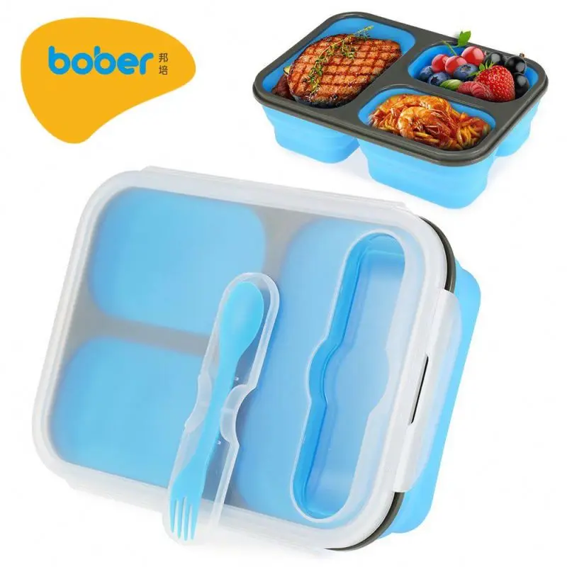 3 Compartment Collapsible Children Lunch box Foldable Leakproof Warmer Silicone Bento Food grade Lunch Box For School Kids
