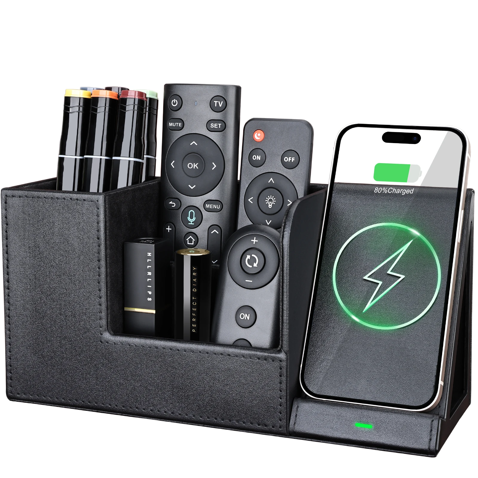 Factory Price Office Leather Desk Organizer Remote Control Storage Holder 2 in 1 Small Wireless Charger Station With Pen Holder
