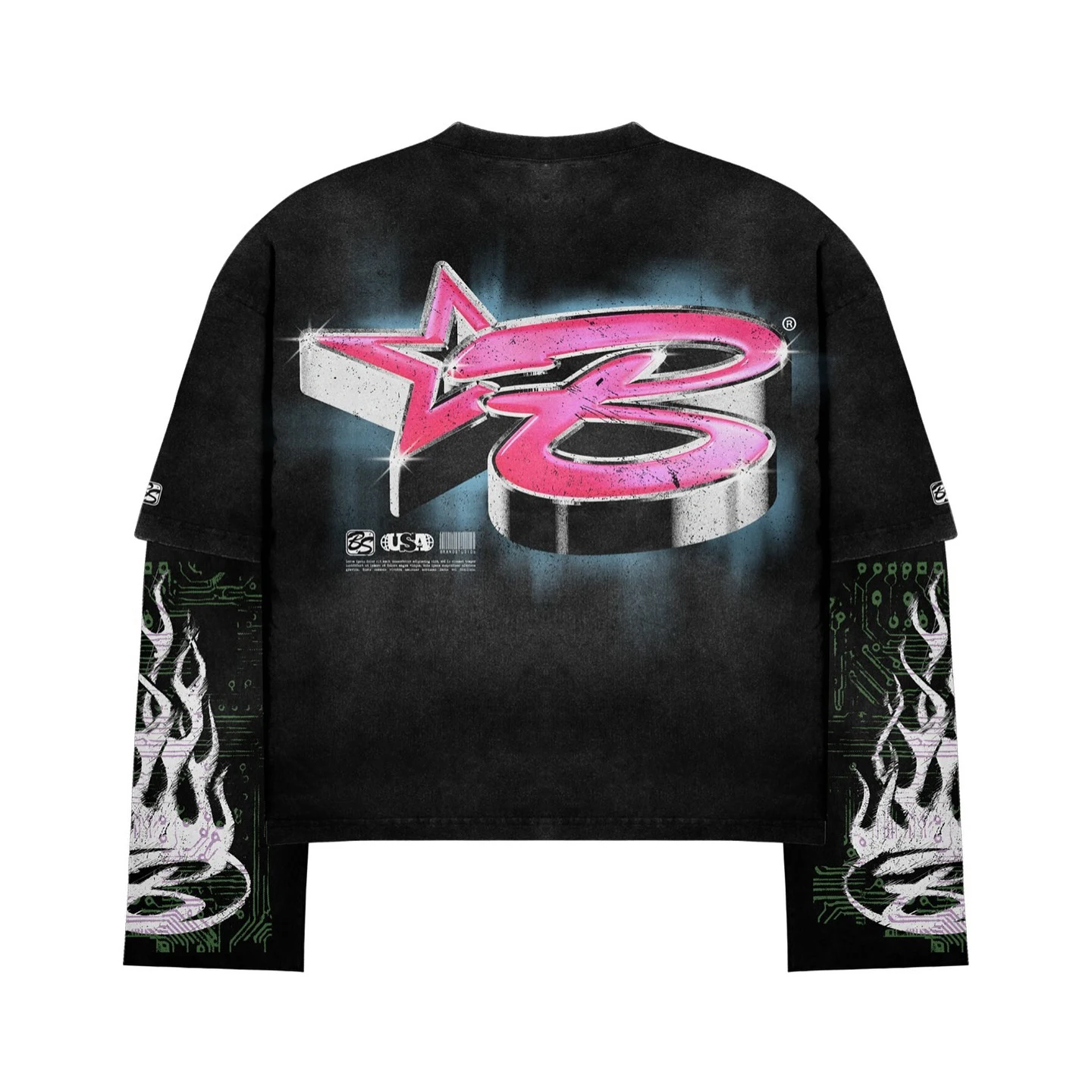 Custom  Cotton Long Sleeve Shirts Aoversized Cid Wash Boxy Cropped  Splicing Double Layer Long Sleeve T-shirt