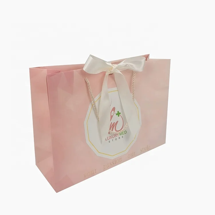 wholesale luxury pink cardboard wedding gift paper bags with handle gold ribbon