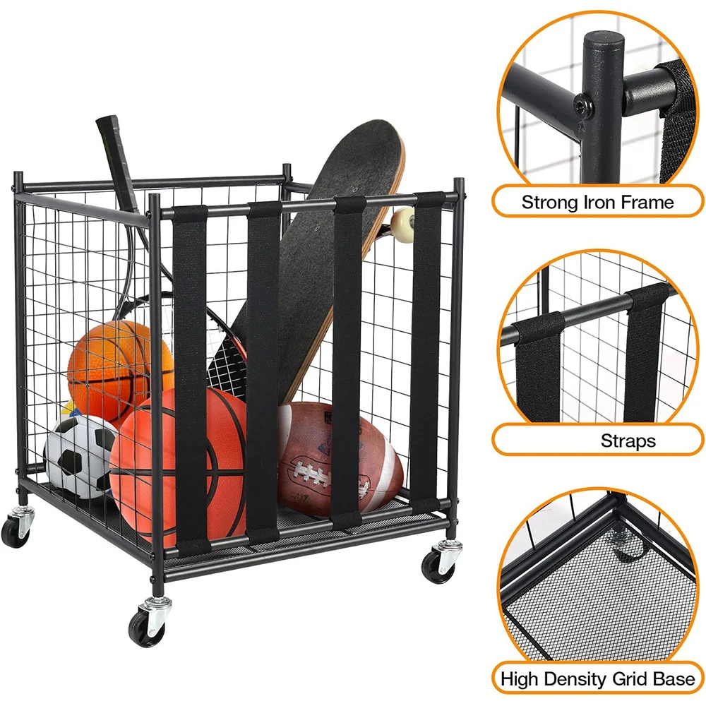 Rolling Sports Ball Storage Cart, Lockable Basketball Cage Sport Equipment Holder Organizer for Indoor Outdoor