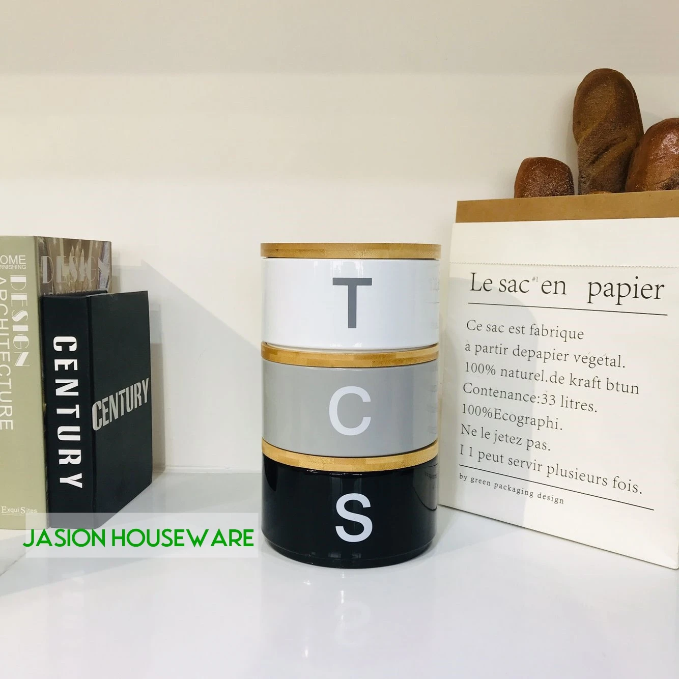 Custom 3pk Stackable Kitchen Storage Metal Canisters 3 Tier Tea Coffee Sugar Set with Bamboo Lids Fresh Style for Food Use